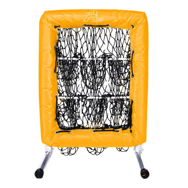 A yellow pitching net with multiple holes designed for baseball training, set on a white background.
