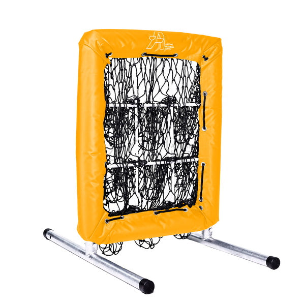 A yellow pitching net with multiple holes designed for baseball training, set on a white background.