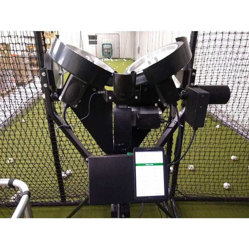 Spinball iPitch Programmable 3 Wheel Pitching Machine rear view batting cage screen