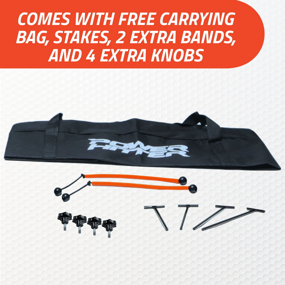 Comes with storage bag, stakes, extra bands and knobs