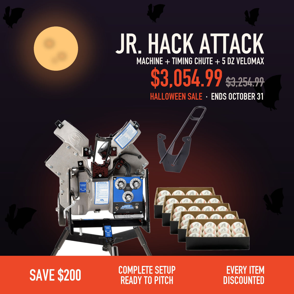 Jr. Hack Attack Complete Setup: machine + Timing Chute + 5 dozen VeloMax, $3,054.99, Halloween Sale ends October 31