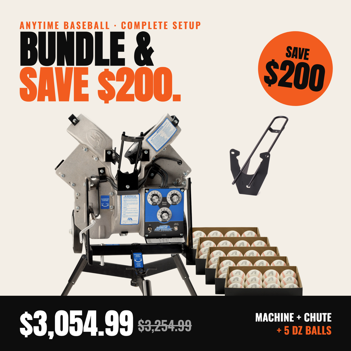 Complete Jr. Hack Attack Setup: bundle and save $200. Machine, Perfect Timing Chute, and 5 dozen VeloMax balls for $3,054.99, compared to $3,254.99 bought separately.