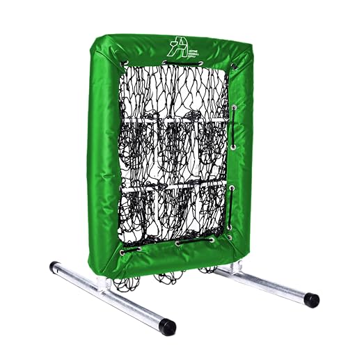 A green pitching net with multiple holes designed for baseball training, set on a white background.