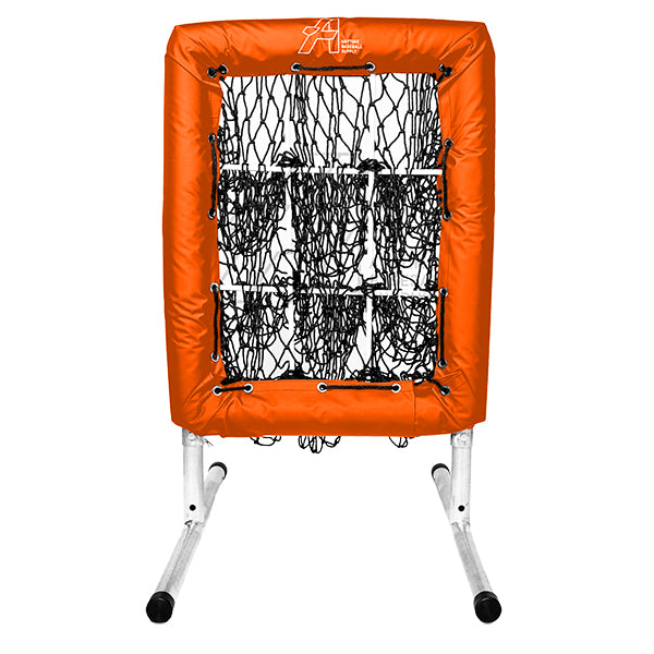 An orange pitching net with multiple holes designed for baseball training, set on a white background.