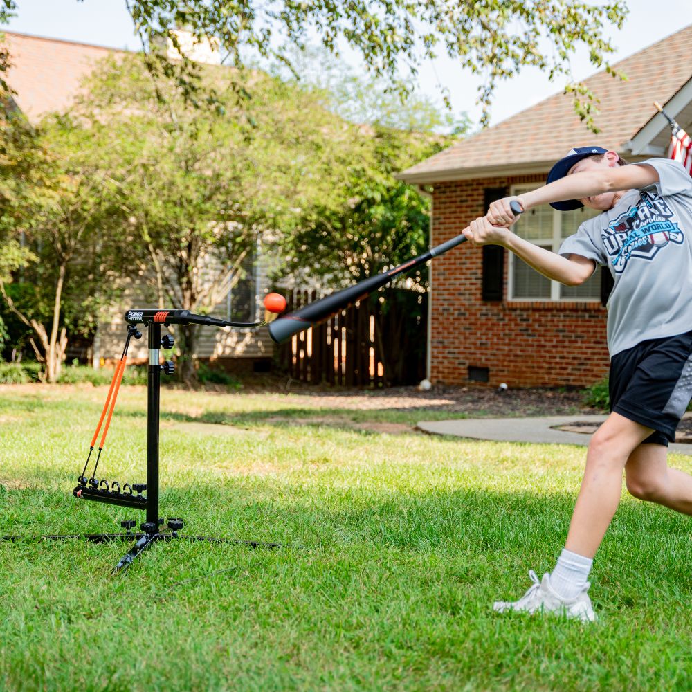Power Hitter Baseball Swing Trainer Batting Tee In Practice With Player