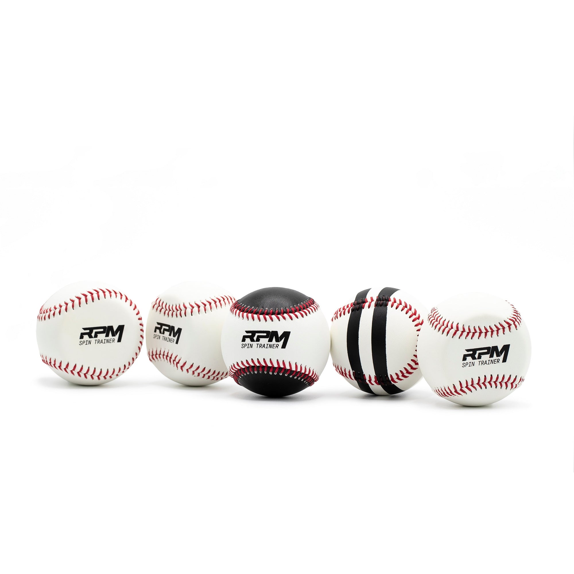 Five baseballs with RPM Baseball Spin Trainer branding on a white background