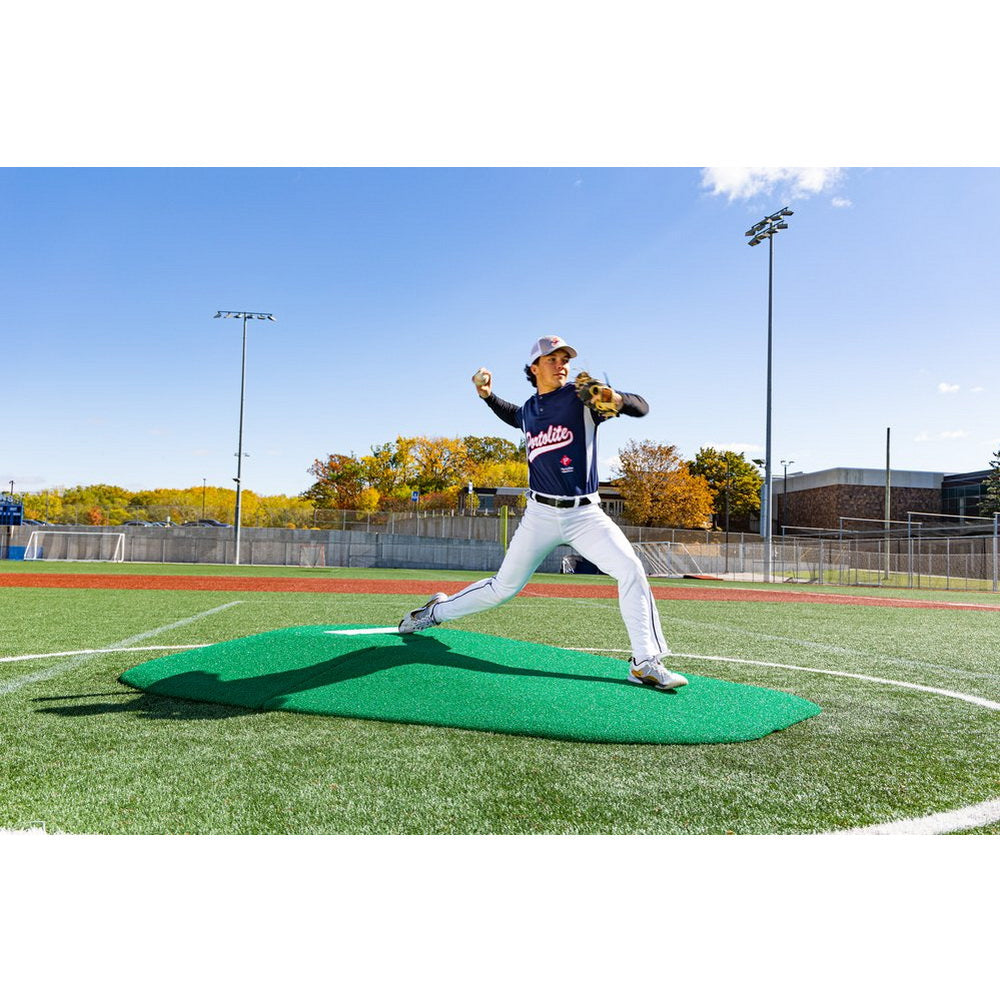 PortoLite 8" Two-Piece Portable Pitching Mound green side view pitcher