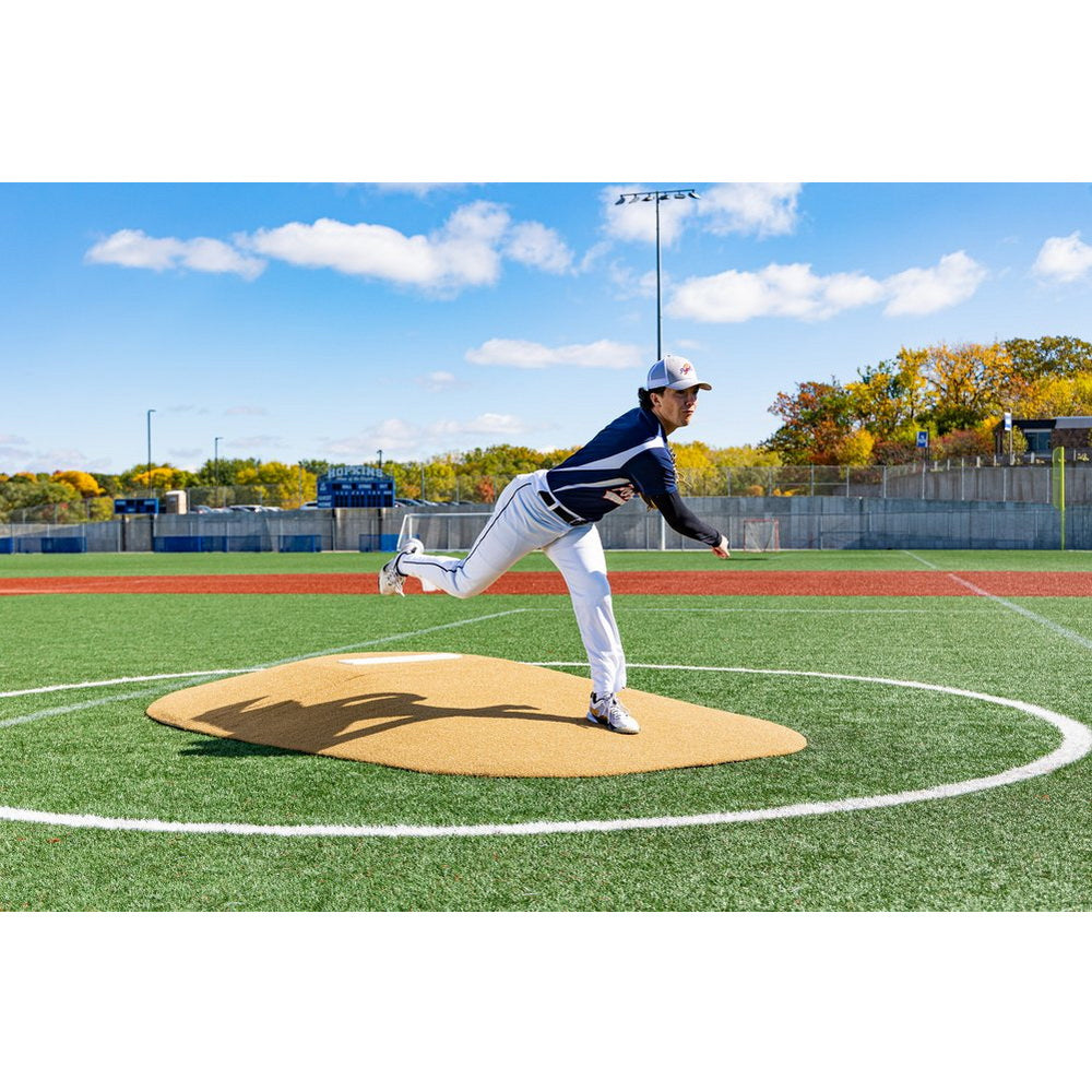 PortoLite 8" Two-Piece Portable Pitching Mound tan front view pitching player