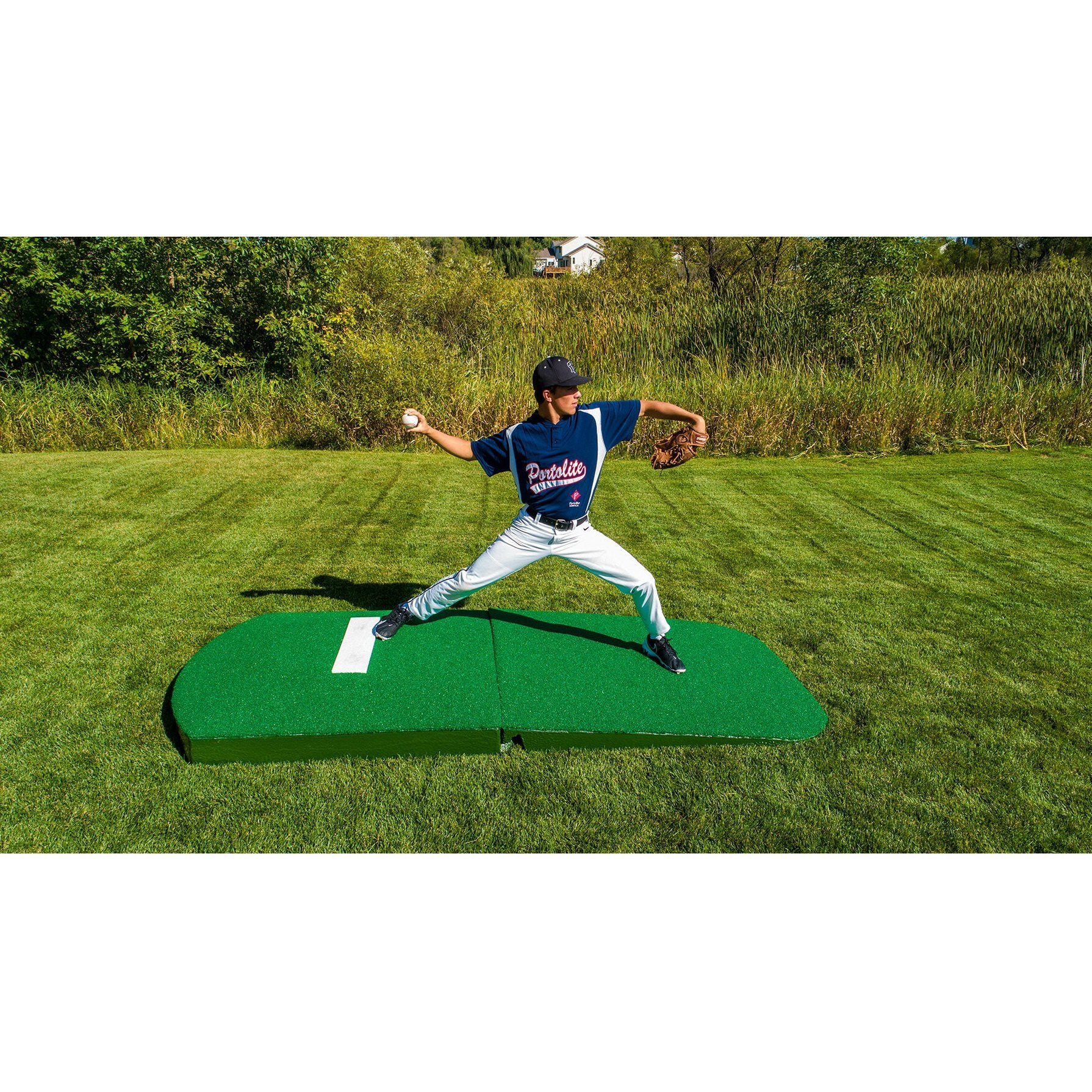 Portolite 10" Full Size 2-Piece Portable Practice Pitching Mound green top angle view pitcher