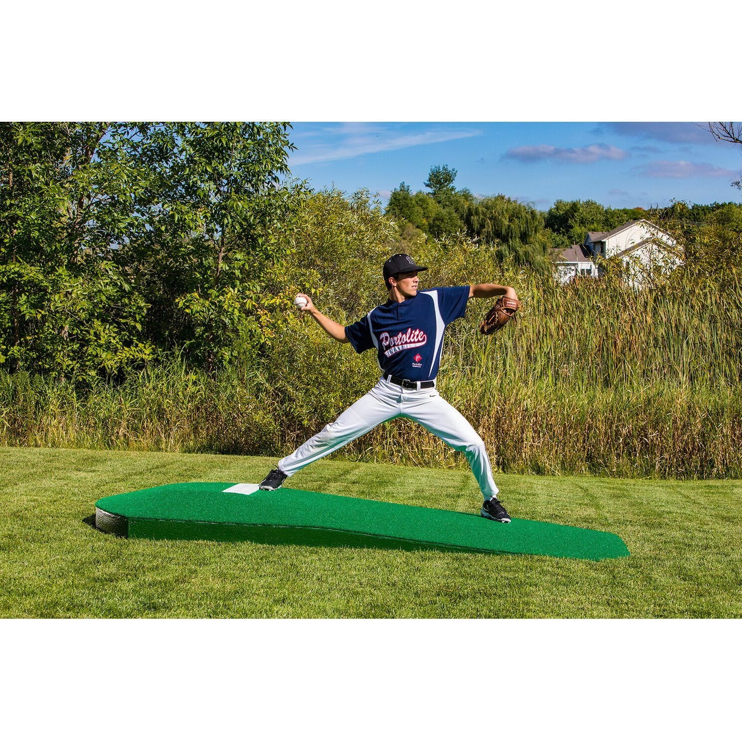 Portolite 10" Portable Practice Pitching Mound green side view pitching stride