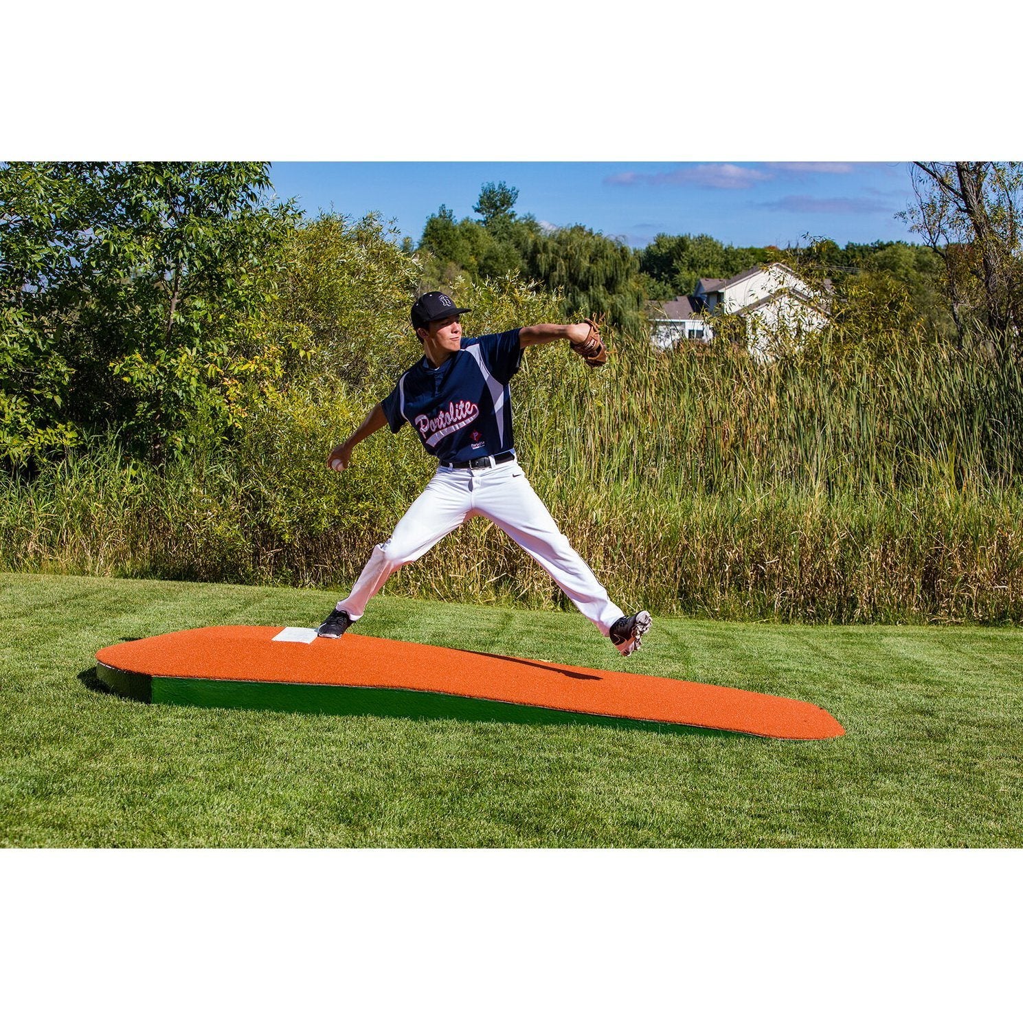 Portolite 10" Full Size Portable Practice Pitching Mound clay side view pitcher on mound