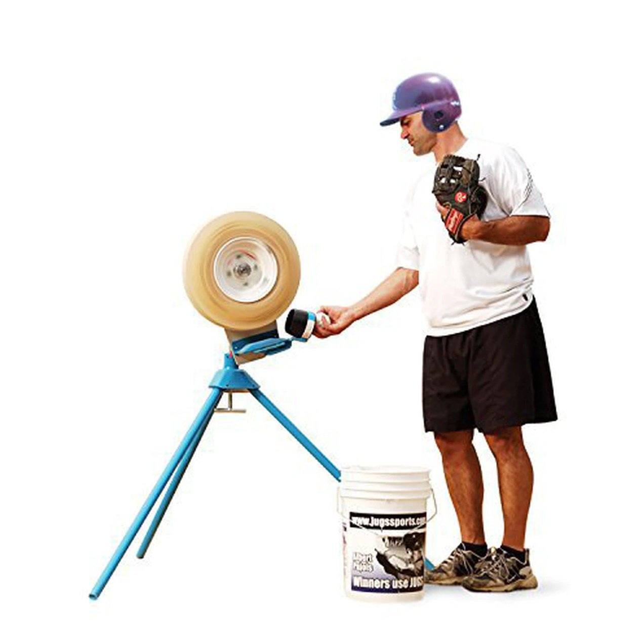 Jugs BP1 Pitching Machine for Baseball or Softball Testing with Player