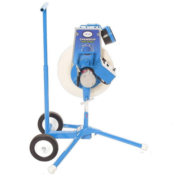 Jugs Changeup Super Softball Pitching Machine Side View with Transport Cart