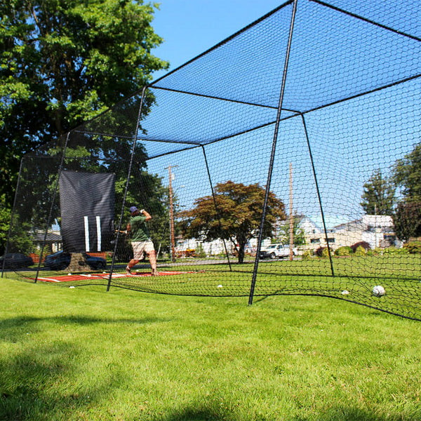 Freestanding Trapezoid Batting Cage for Baseball and Softball with vinyl backdrop