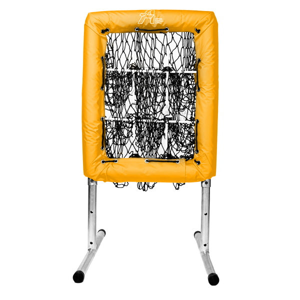 A yellow pitching net with multiple holes designed for baseball training, set on a white background.