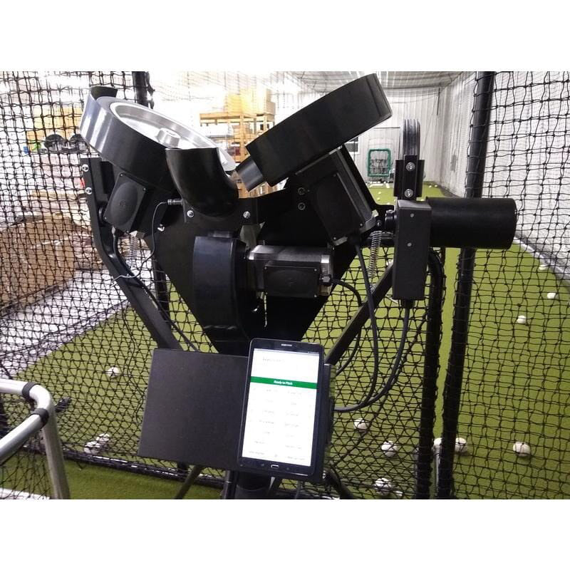 Spinball iPitch Programmable 3 Wheel Pitching Machine rear view touch screen controls batting cage