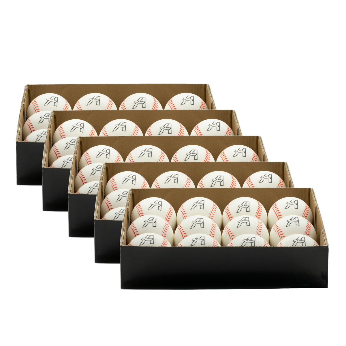 Five open black boxes arranged in a staggered row, each filled with Velomax The boxes are photographed on a clean white background.