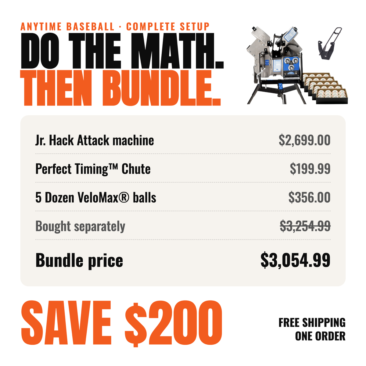 Bundle math: Jr. Hack Attack $2,699, Perfect Timing Chute $199.99, and 5 dozen VeloMax balls $356 total $3,254.99 separately. Bundle price $3,054.99, save $200.