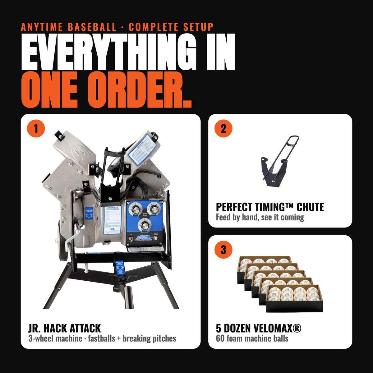 Everything in one order: the Jr. Hack Attack 3-wheel pitching machine, the Perfect Timing Chute, and 5 dozen VeloMax foam machine balls.
