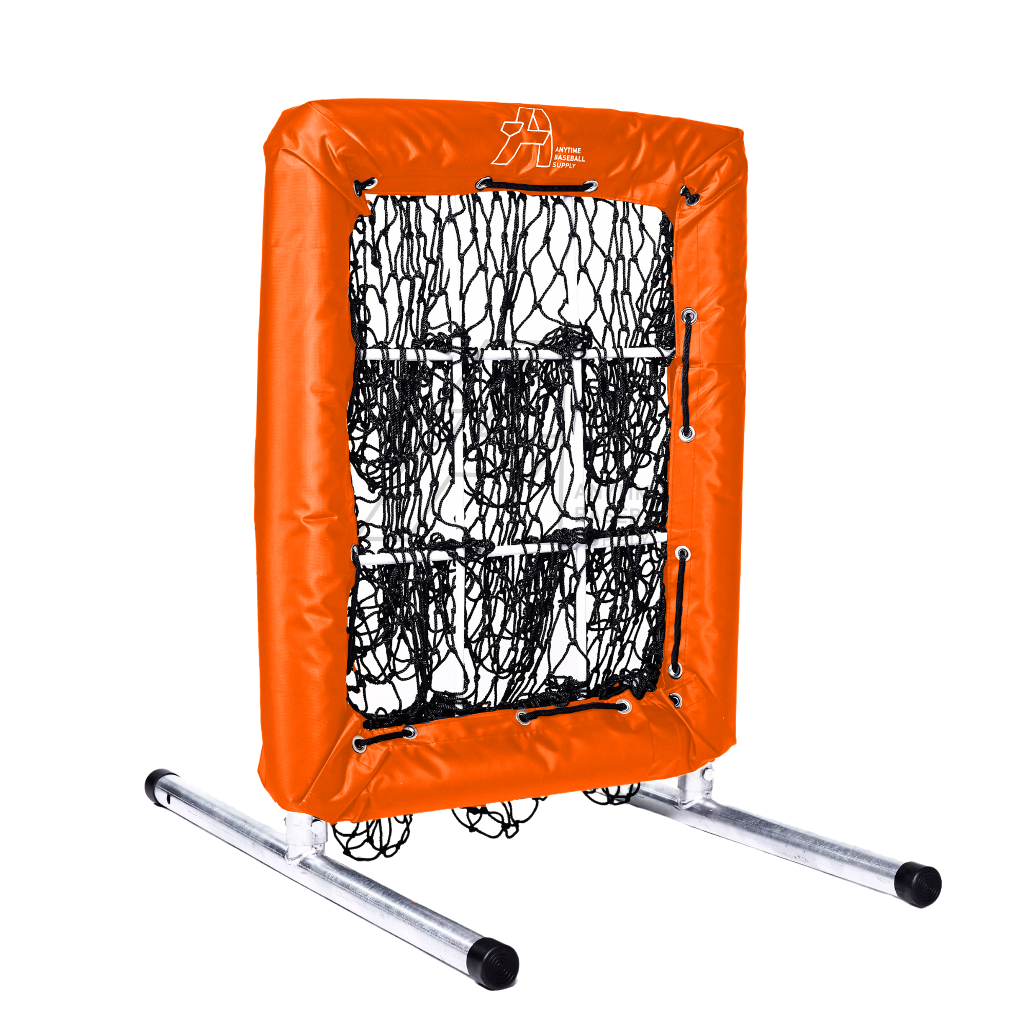 An orange pitching net with multiple holes designed for baseball training, set on a white background.