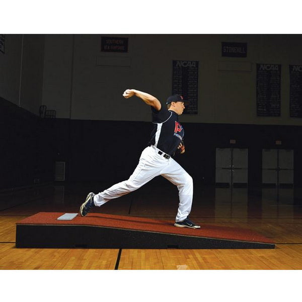 10" Collegiate Portable Indoor Pitching Mound Clay Side View With Player Throwing Ball 