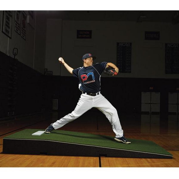 10" Collegiate Portable Indoor Pitching Mound Green Side View With Player Throwing Ball
