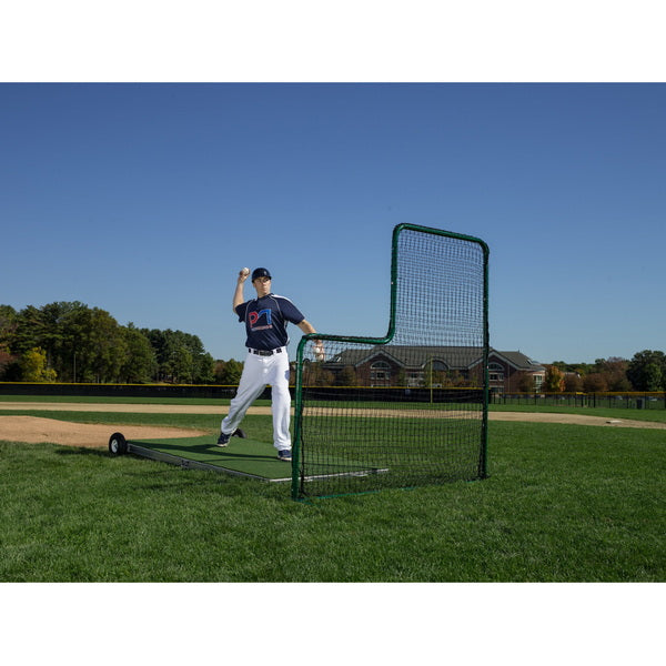 6" Portable Pitching Platform With Wheels Side View With Player Behind The L Screen
