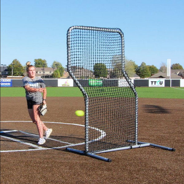 7' x 5' Commercial Z Screen for Baseball & Softball Front View with Softball Pitcher