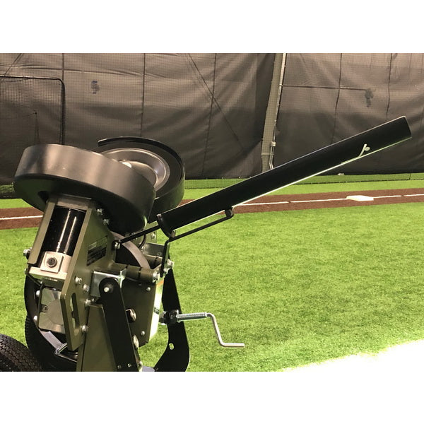 Extended Timing Chute for Atec MX3 Baseball Pitching Machines attached to pitching machine