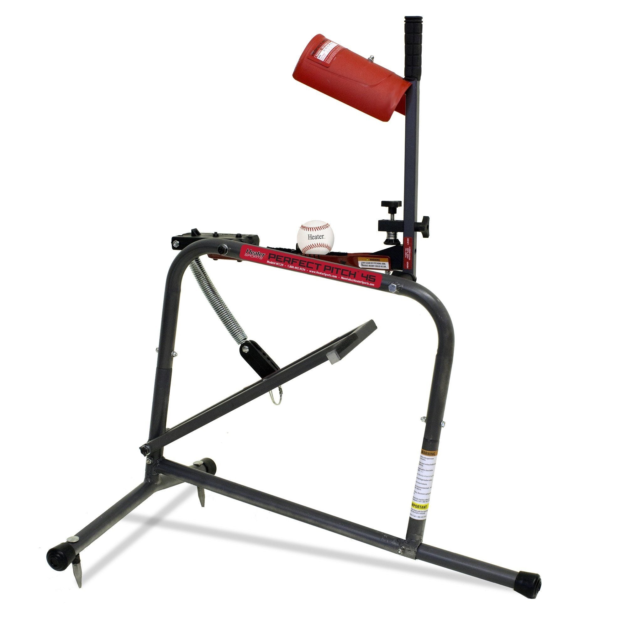Perfect Pitch 45 Mechanical Combo Machine Side View with Baseball Loaded
