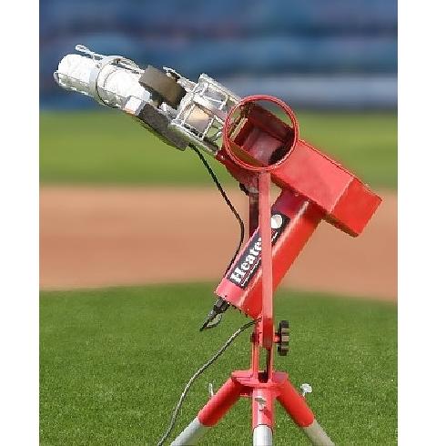 Heater Pro Real Curveball Pitching Machine with Ball Feeder Pivot Head Tilted Left