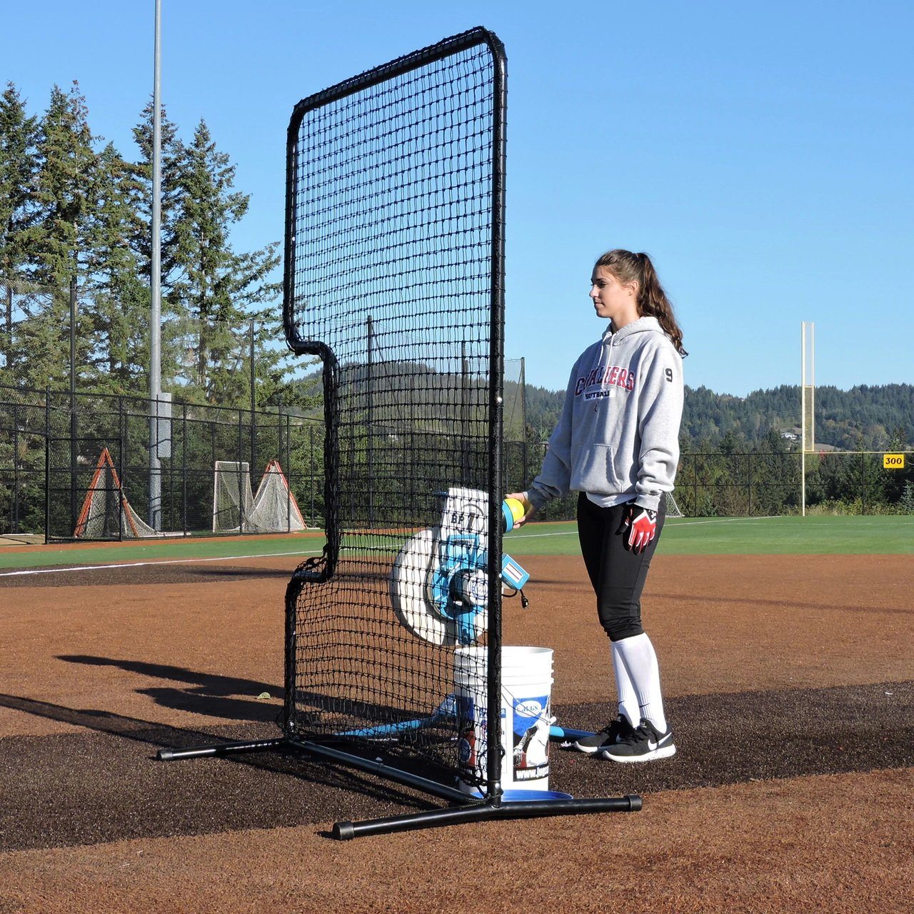 Softball Protective C-Shaped Screen With Pitching Machine and Player
