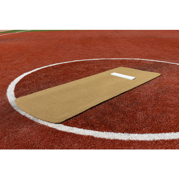 Paisley's Long Spiked Non-Slip Softball Pitching Mat tan on red turf