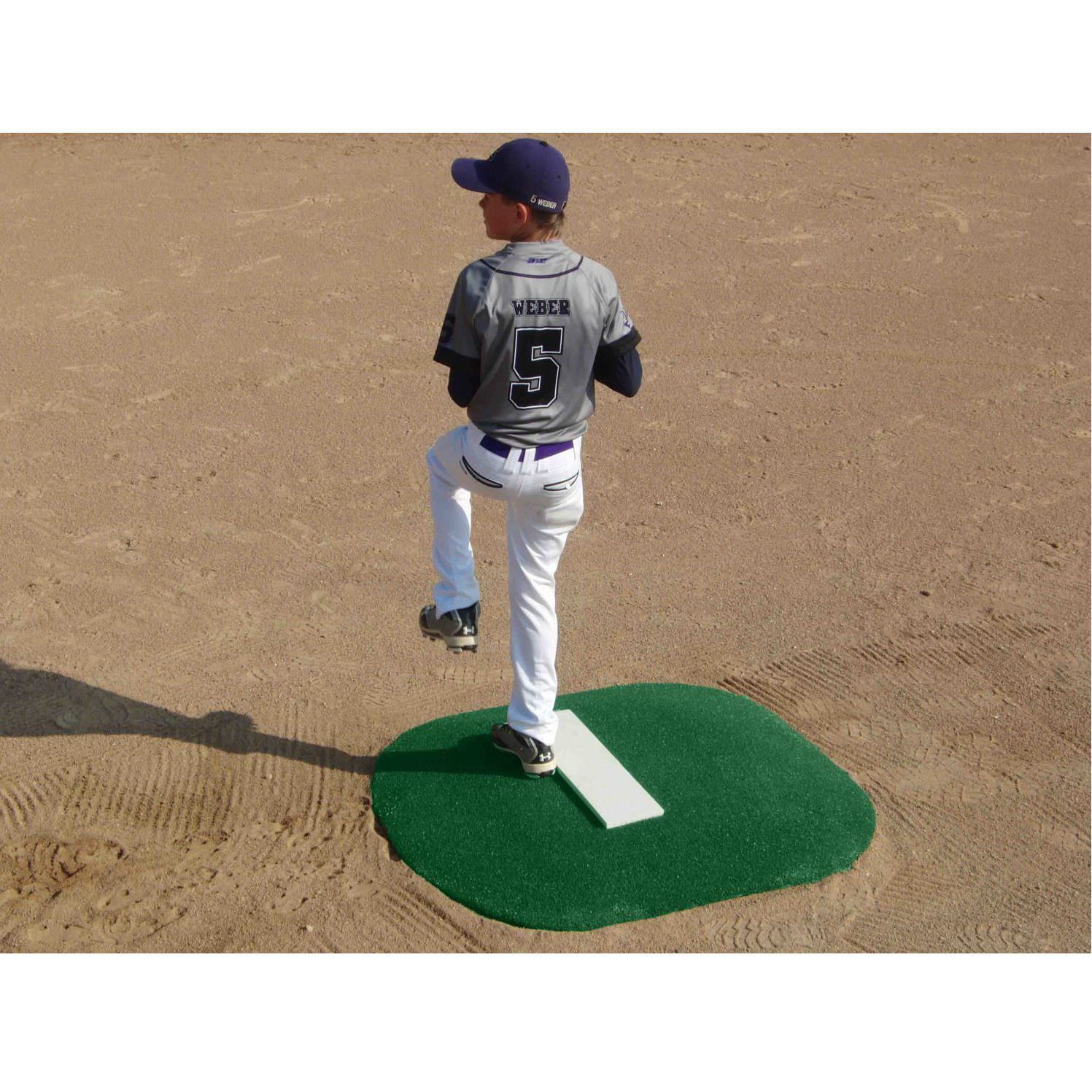 PortoLite 4" Youth Portable Baseball Pitching Mound green turf kid pitching side view