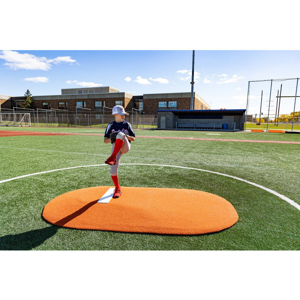 PortoLite 6" Full-Size Youth League Portable Pitching Mound clay side view player pitching