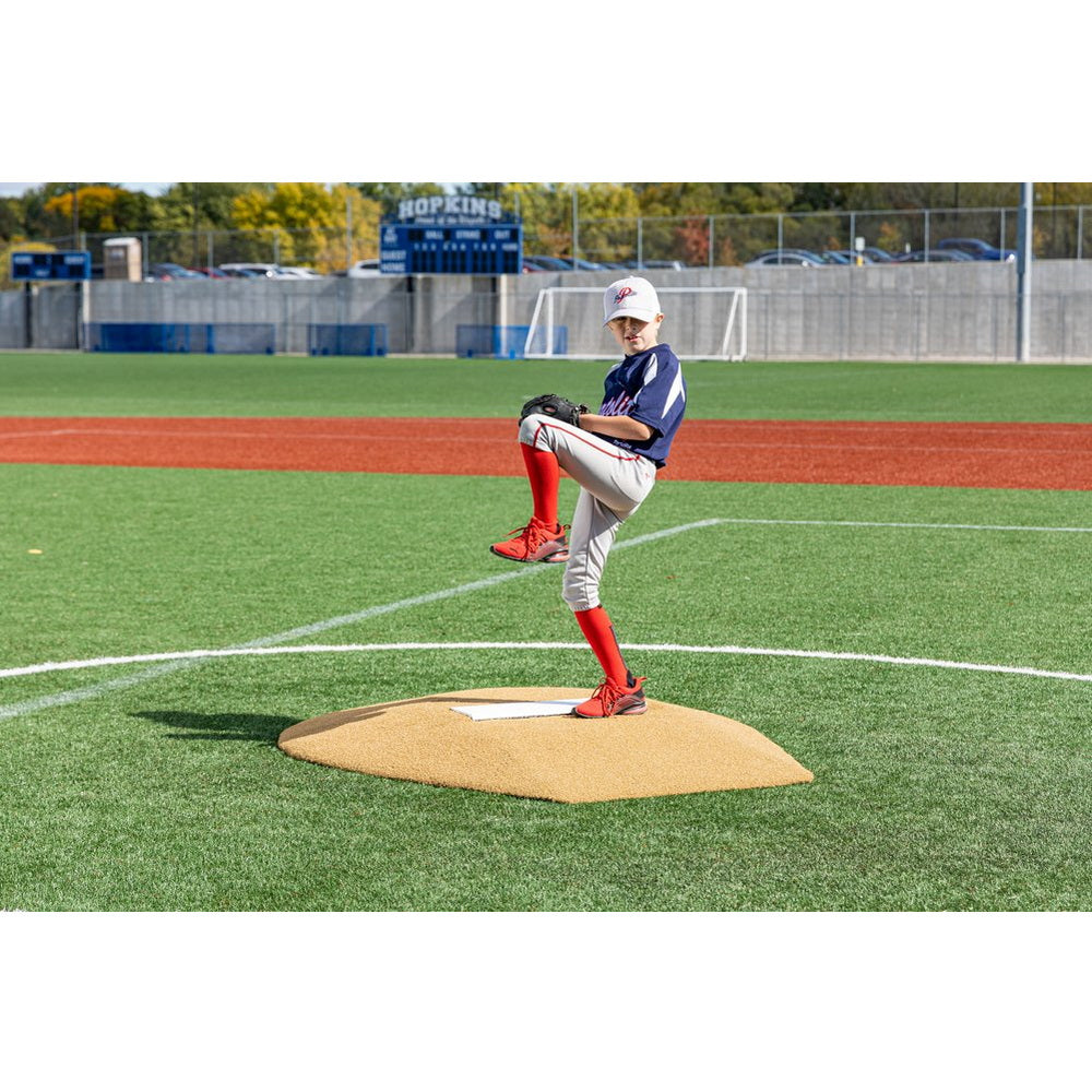 PortoLite 6" Stride Off Portable Youth Pitching Mound For Baseball tan semi front view player pitching