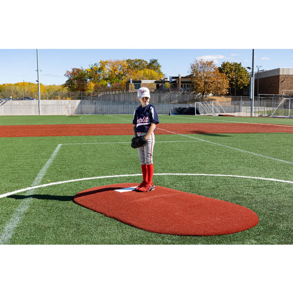 PortoLite 6" Two-Piece Youth League Pitching Mound red player standing