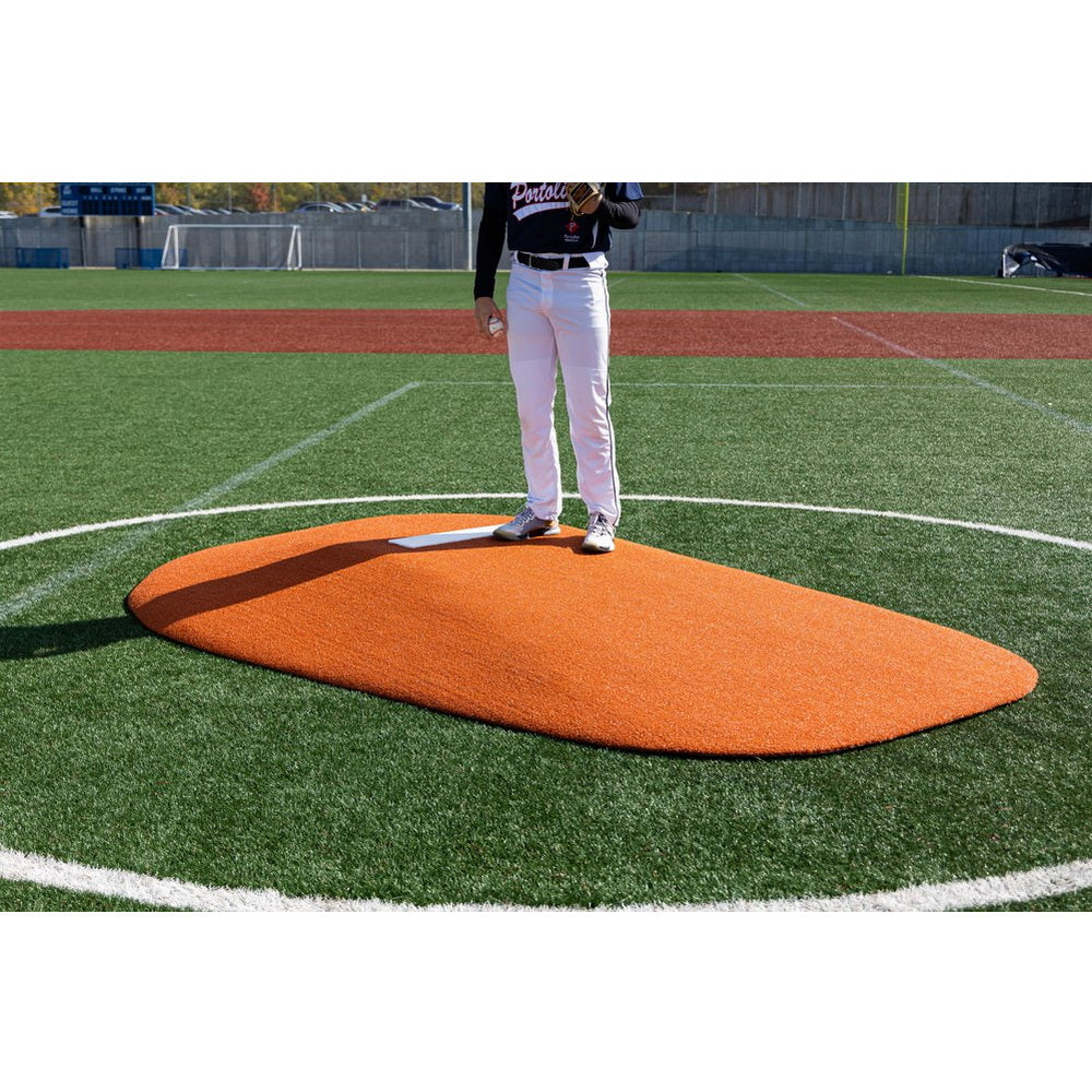 PortoLite 8" Full Length Portable Pitching Mound clay side view person standing