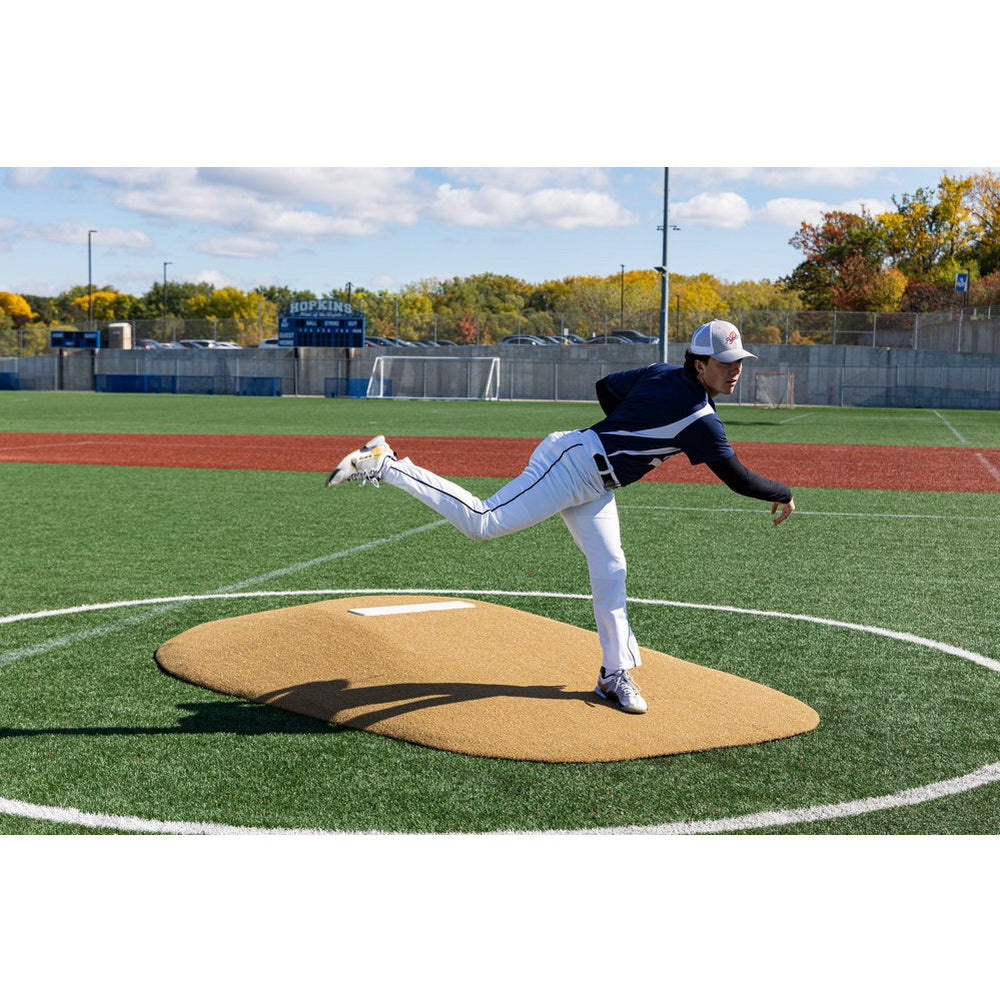 PortoLite 8" Full Length Portable Pitching Mound tan side view player pitching