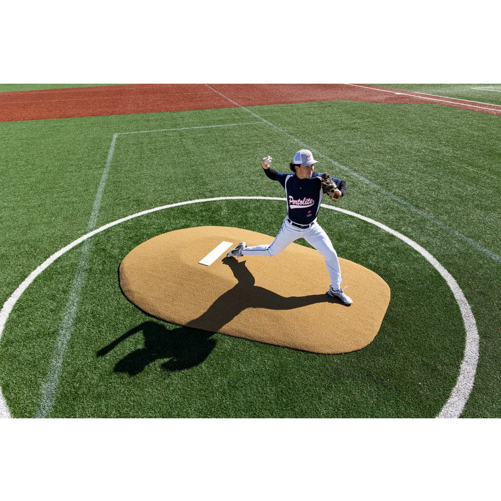 PortoLite 8" Full Length Portable Pitching Mound tan top view player pitching