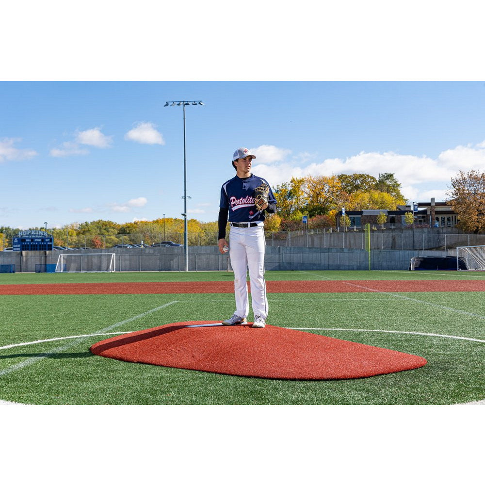 PortoLite 8" Two-Piece Portable Pitching Mound red front view player standing