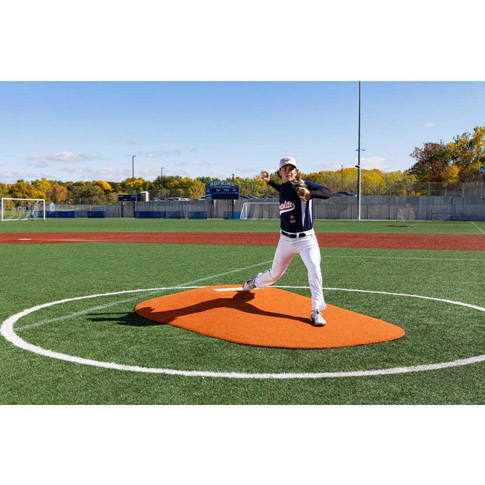 PortoLite Two-Piece 10" Portable Pitching Mound clay front view player pitching