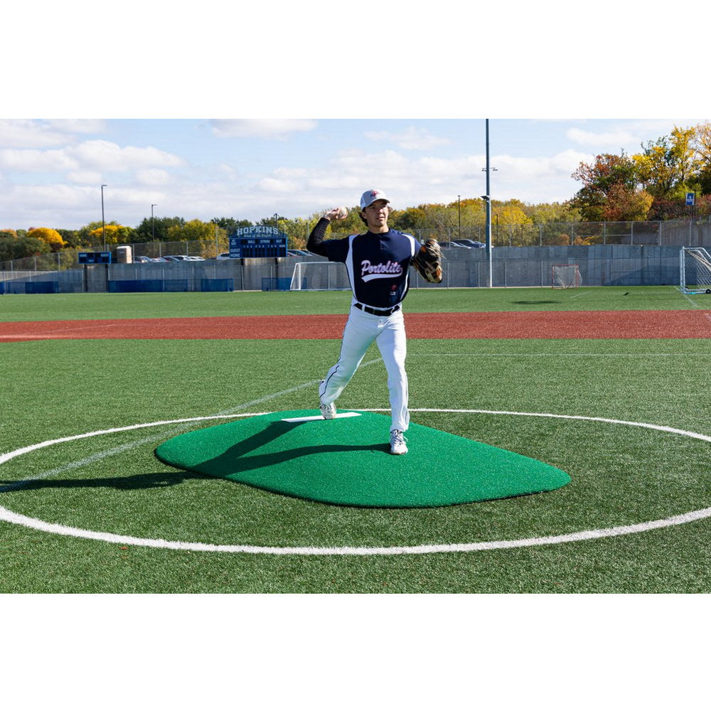 Portolite 10" Full Length Portable Pitching Mound for High School green front view pitcher