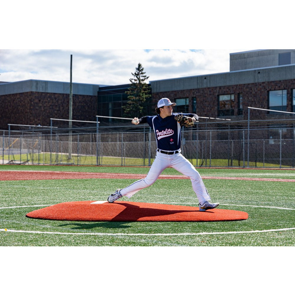 Portolite 10" Full Length Portable Pitching Mound for High School red side view pitcher