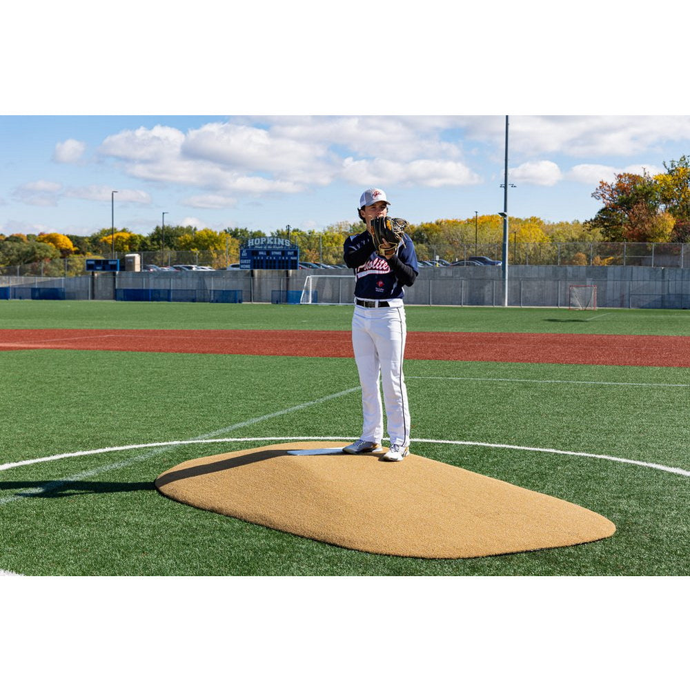 Portolite 10" Full Length Portable Pitching Mound for High School tan pitcher standing