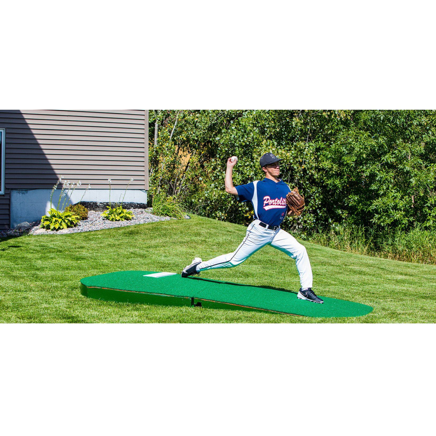 Portolite 10" Full Size 2-Piece Portable Practice Pitching Mound green side view pitcher stride