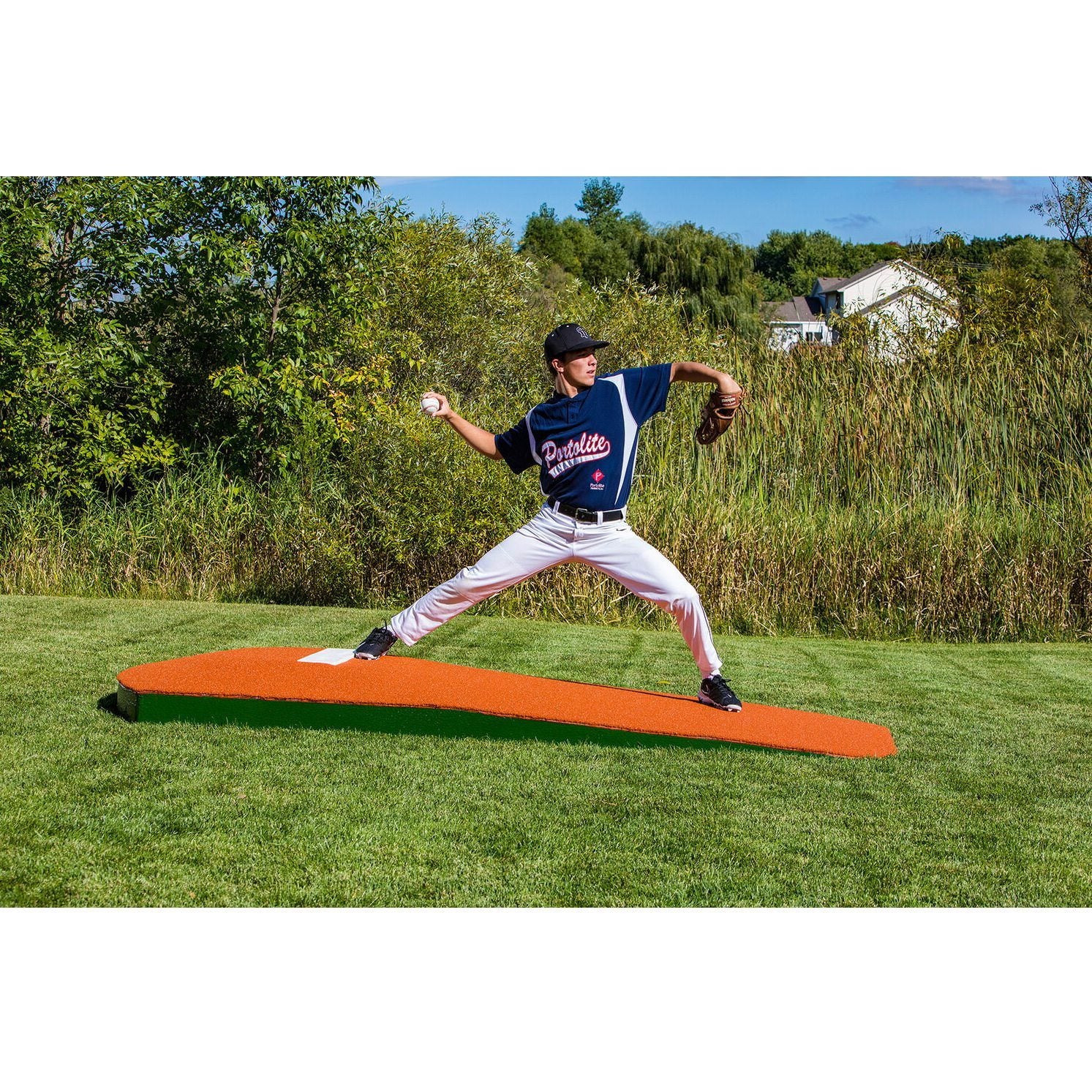 Portolite 10" Portable Practice Pitching Mound clay side view pitching on mound