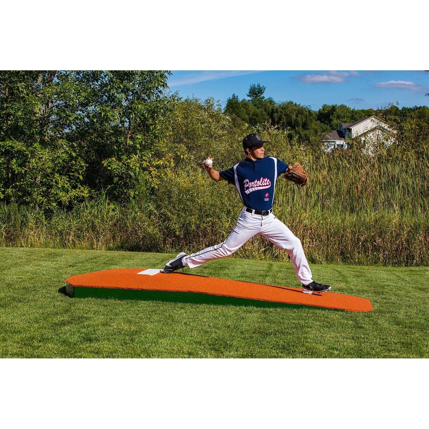 Portolite 10" Full Size Portable Practice Pitching Mound clay side view player pitching