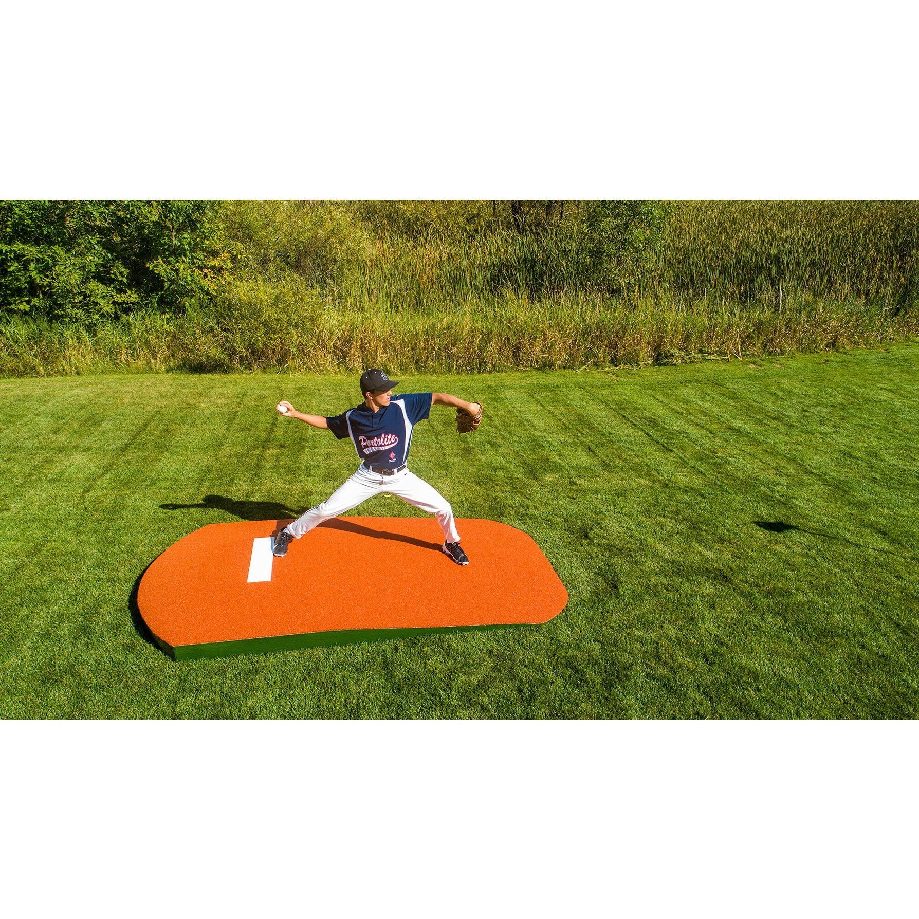 Portolite 10" Full Size Portable Practice Pitching Mound clay top view with pitcher