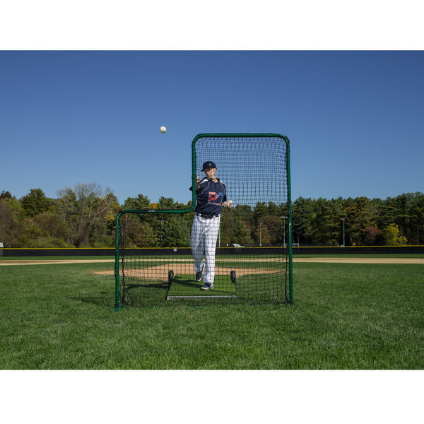 Collegiate Batting Practice Pitching Platform With Wheels Front View with Player Behind the L Screen